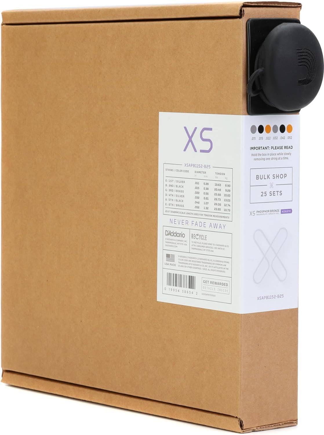 D'Addario XS Acoustic Guitar Strings Phosphor Bronze, Custom Light, 11-52, Bulk 25 Pack