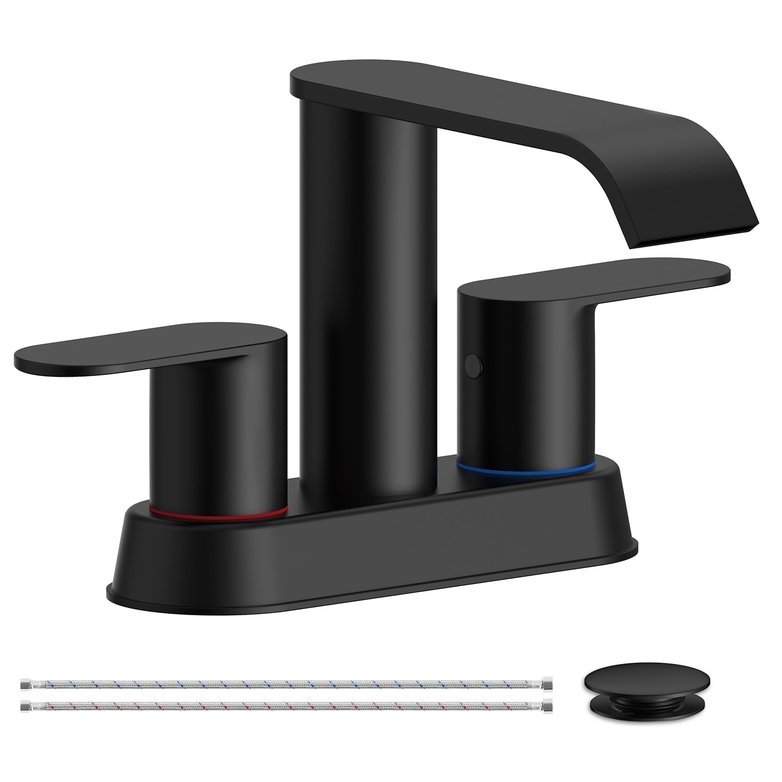 Homevacious Matte Black Bathroom Faucets Waterfall 4 Inch Centerset Bathroom Sink Faucet Stainless Steel with Pop up Sink Drain Stopper Supply Hose Basin Mixer Tap for Vanity RV 2 or 3 Hole Sink Image