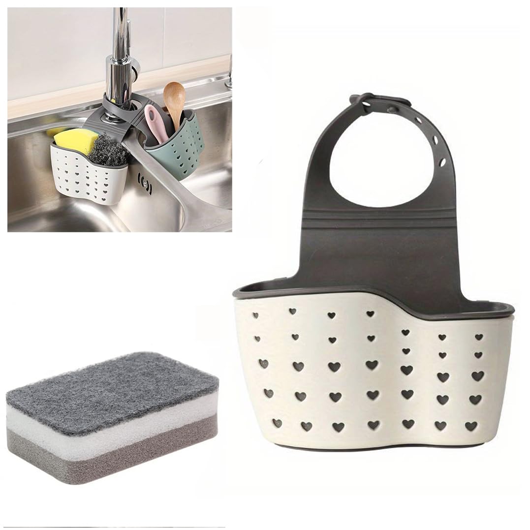 HK Online 1 WHITE TAP Sponge SOAP Holder & Sponge Included -Easy Fasten, Sink DRAINING Caddy, Dishcloth Holder, Soap Sponge Holder (WHITE Holder & Sponge)