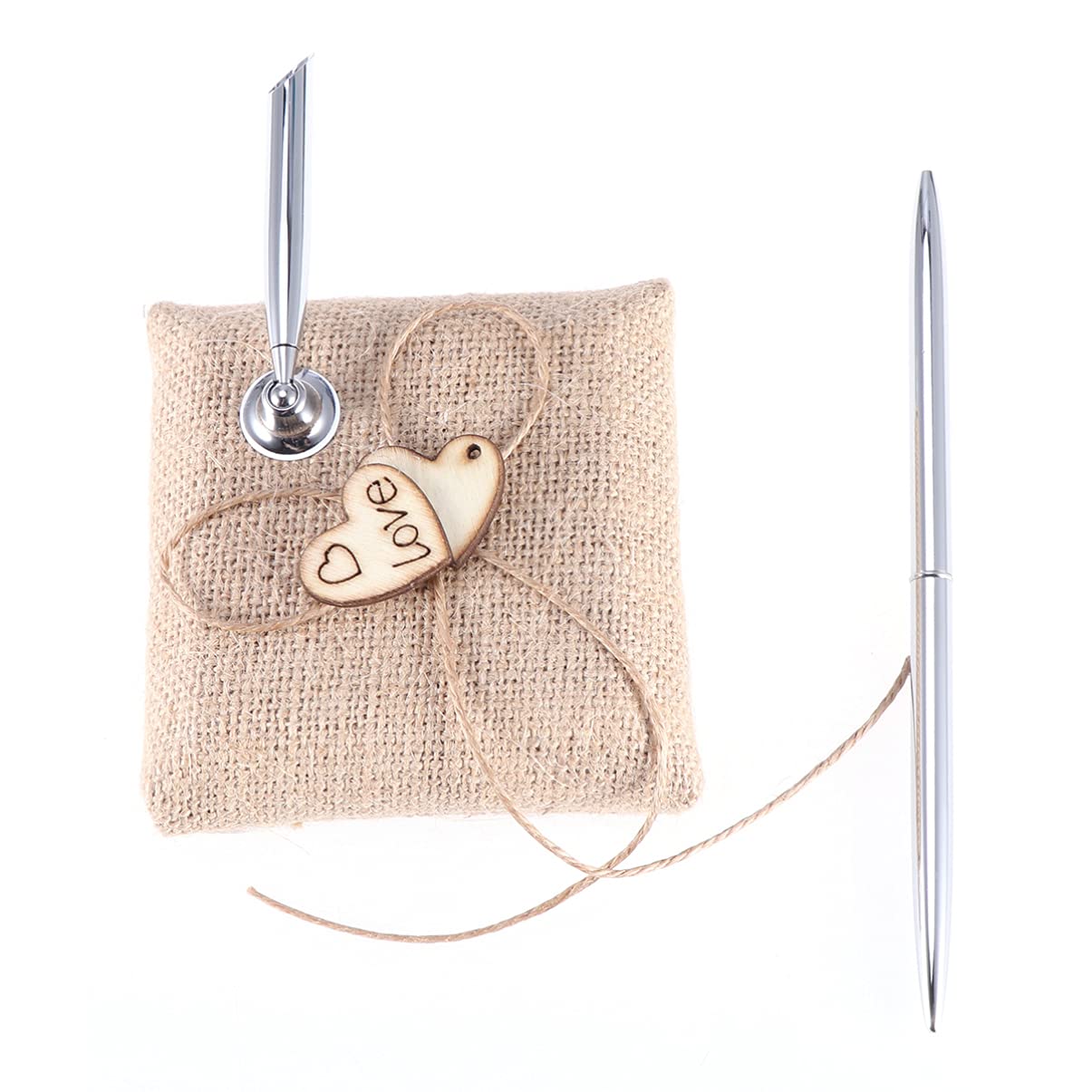 Vintage Burlap Wooden Heart Wedding Signing Pen Stand Set Elegant Guest Book Accessory for Bridal Engagement and Special Occasions Rotating Design in Brown and Silver