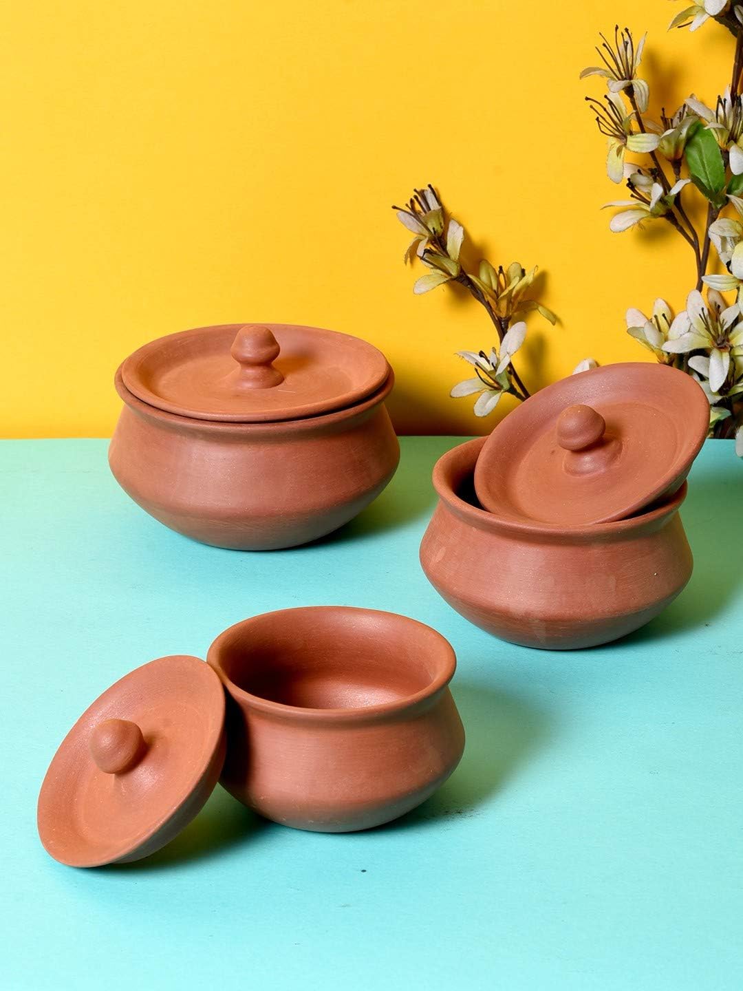 Unravel India handmade earthern clay handi set with lids(Set of 3)