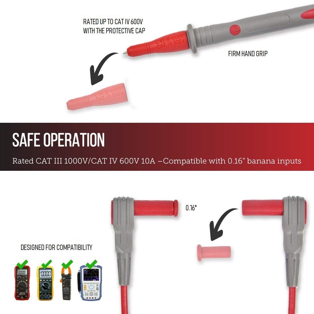 Multimeter Test Leads Kit - with Cat III/IV Probes, Alligator Clips, Retractable Hooks and Carry Bag - Versatile, Easy to Use, Organized - Upgrade Your Meter