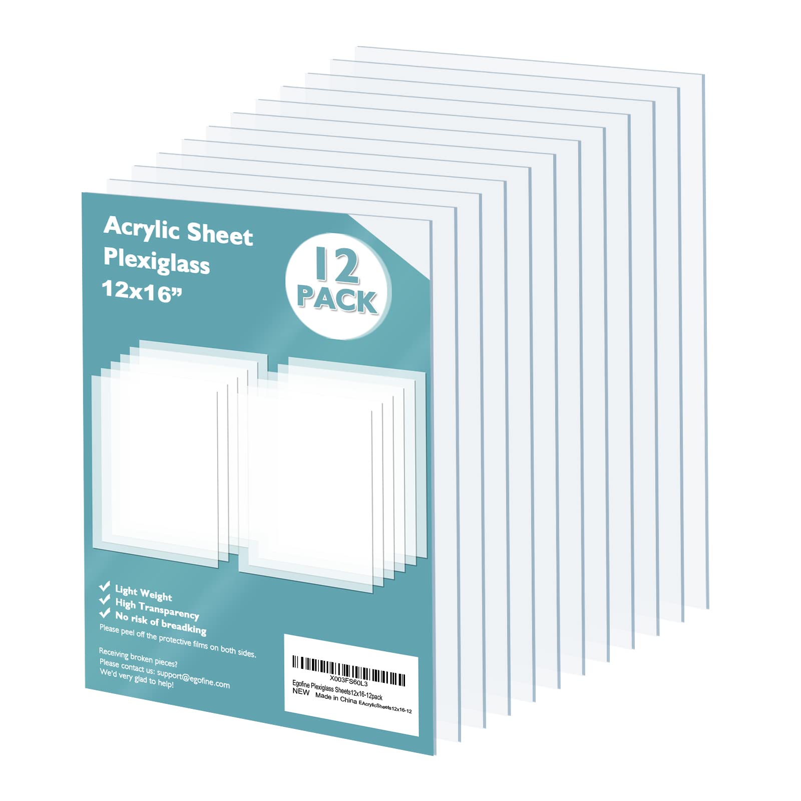 Photo 1 of Egofine Plexiglass Sheets Acrylic Sheets 12 Pack of 12x16’’ 0.04 Thick Clear Plastic Cast Transparent Plexi Glass for Crafting Projects, Replacement Picture Frame Glass, DIY Display, Easy to Cut
