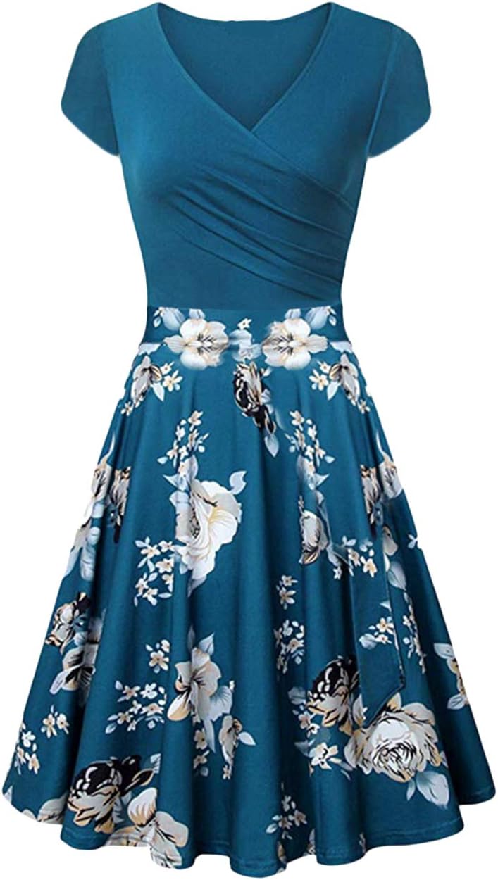 EFOFEIWomens Casual Swing Short Sleeve Dress Wrap Solid Color A Line Skater Dress