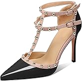 XINIUNIU Stiletto High Heels for Women Studded Heels with Studs Pumps 4 Inch Heeled Sandals Sexy Pointed Toe Ankle-strap Patent Leather Dress Wedding Shoes
