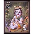 Handicraft Store Lord Child Bal Krishna Eating Butter and Enjoying with Peacock and Parrots, Elegant Posture with Frame, Must for Office/Home Decor/Gifts Purpose