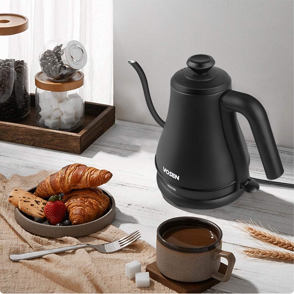 Electric Kettle, VOSEN Gooseneck Kettle, Pour Over Coffee Kettle & Tea Kettle, 100% Stainless Steel Inner Lid & Bottom, 1000 Watt Quick Heating (Black 0.8L): Kitchen & Dining