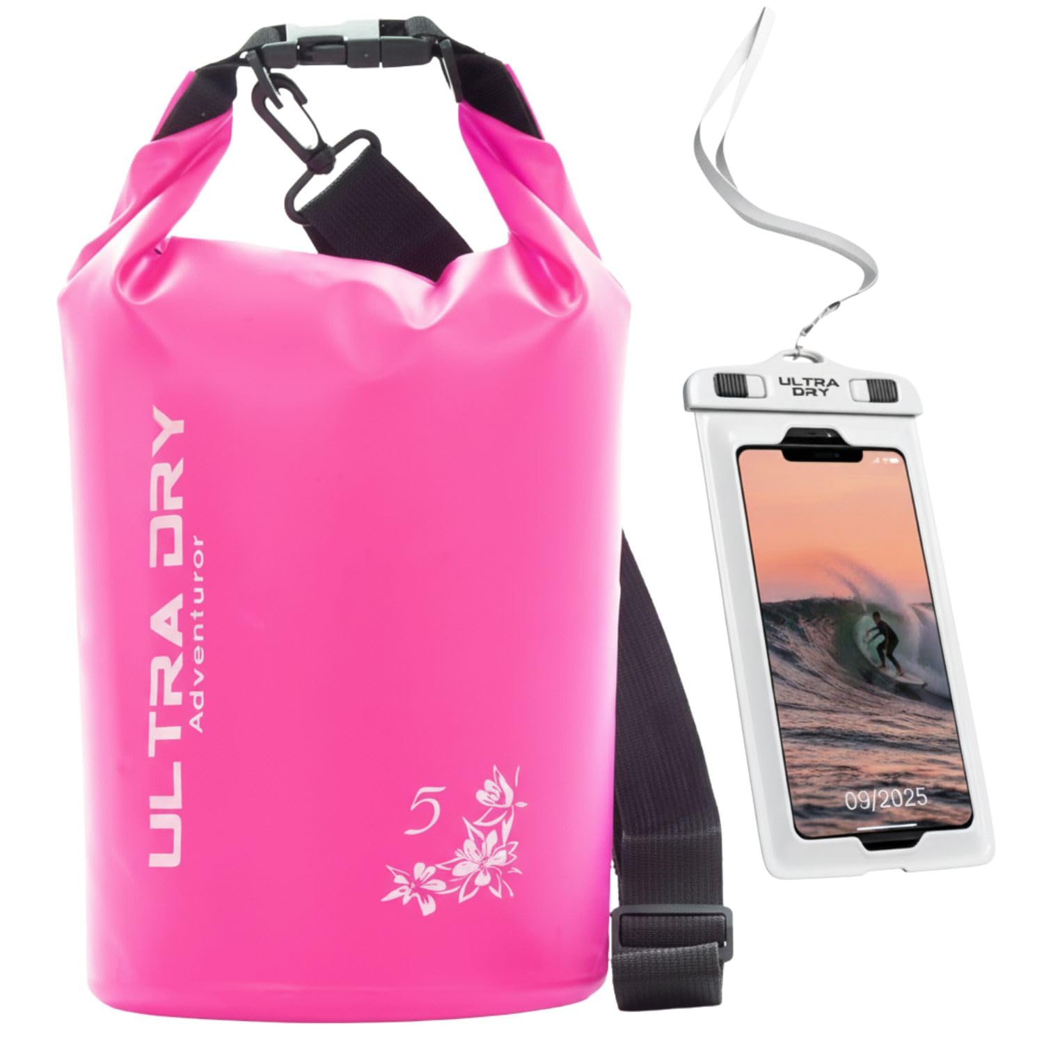 Premium Waterproof Bag, Sack with Phone Dry Bag and Long Adjustable Shoulder Strap Included, Perfect for Kayaking/Boating/Canoeing/Fishing/Rafting/Swimming/Camping/Snowboarding (Pink, 5 L)