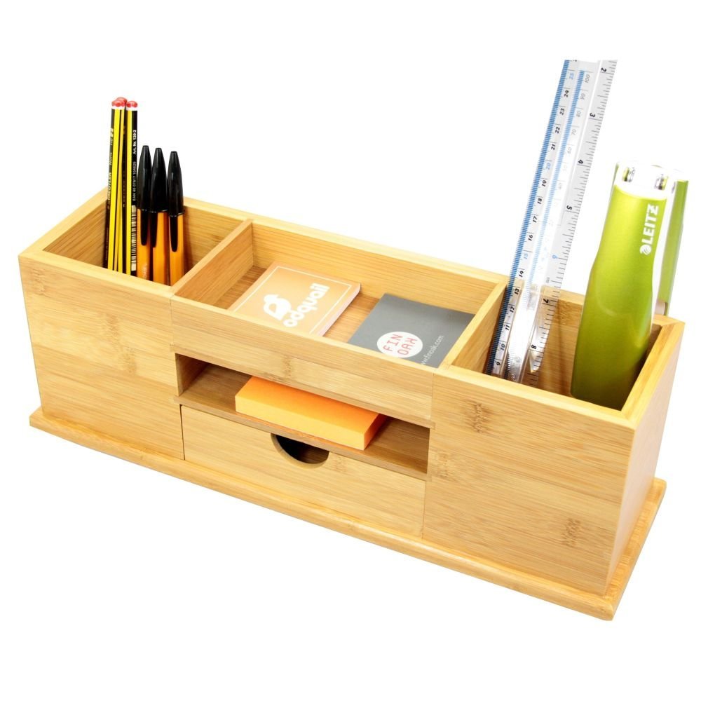 Woodquail Desk Tidy with Drawer, Wide Stationery Organiser 5 Compartments, Made of Natural Bamboo