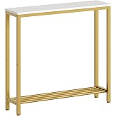 YATINEY Narrow Console Table, 2-Tier Small Sofa Table, 29.5" Thin Entryway Behind Couch Table with Shelves, Industrial Hallway Table, for Living Room, Foyer, White and Gold CT03DW