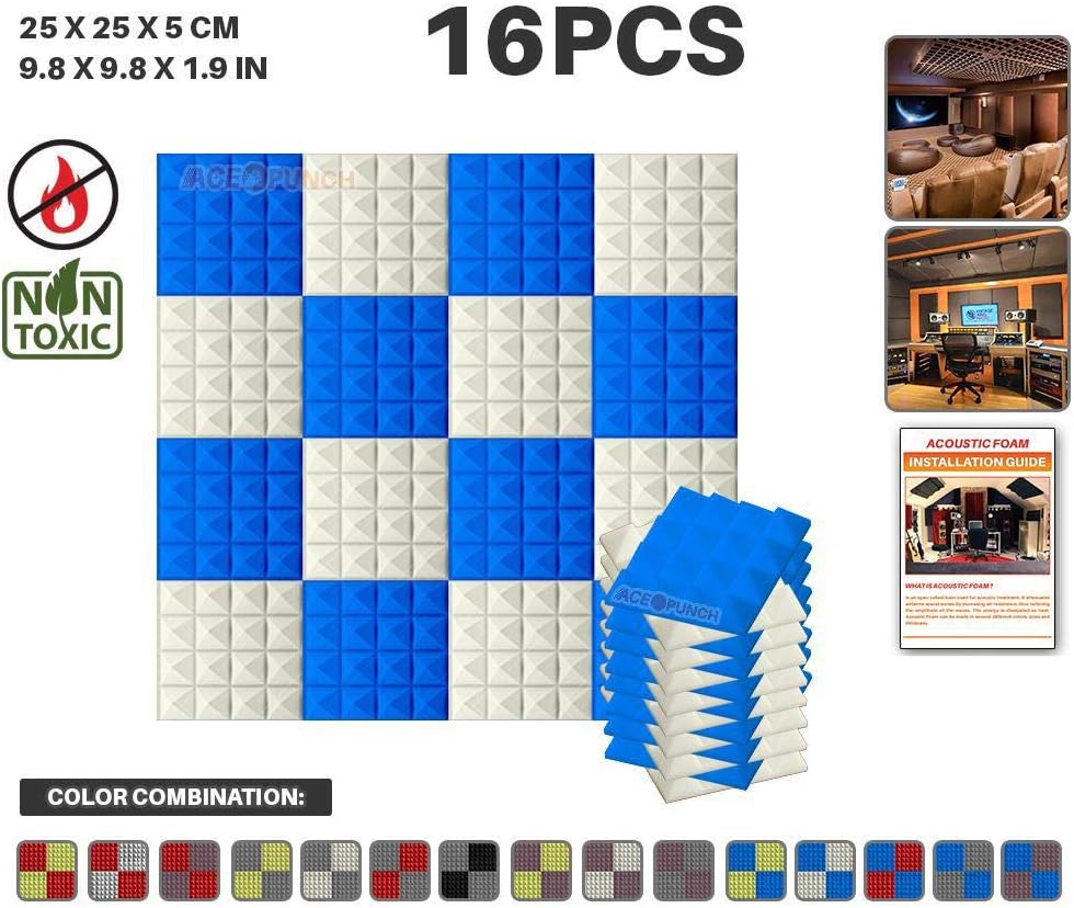 Acepunch 16 Pack BLUE AND PEARL WHITE Color Combination Pyramid Acoustic Foam Panel DIY Design Studio Soundproofing Wall Tiles Sound Insulation 9.8" x 9.8" x 1.9" AP1034