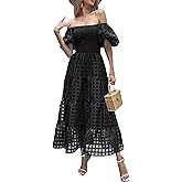PRETTYGARDEN Women's Casual Summer Dress Puffy Short Sleeve Square Neck Smocked Tiered A Line Maxi Long Dresses