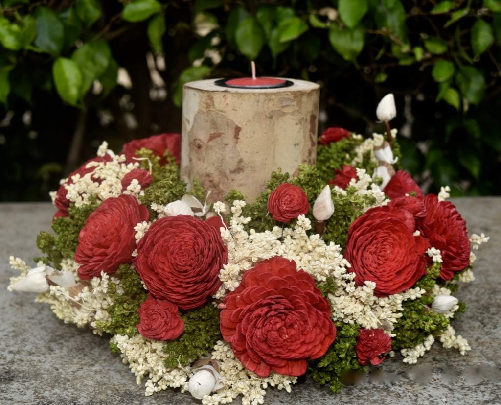forestkraft Gorgeous Natural Botanical Material Candle Stand with Red Flowers (15 cm)