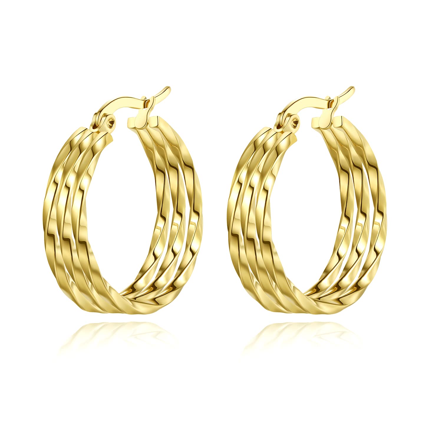 Yumay Jewellery 9ct Gold Plated 3 Layer Twisted Hoop Earrings for Women.