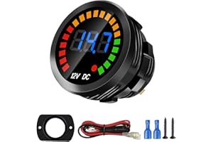 DC 12V Voltage Meter, Waterproof LED Display Voltmeter Gauge Panel, Round Battery Monitor with Mounting Plate & Wires & Termi