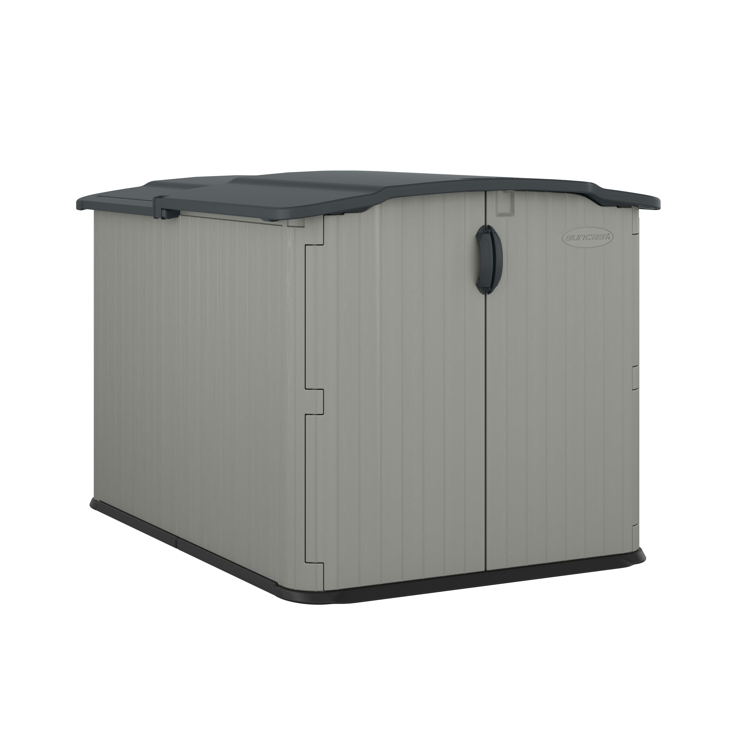 Photo 1 of Suncast 138 Cu Ft Horizontal Outdoor Storage Shed, 57.5"x79.75"x52" Glidetop Outdoor Shed with Sliding Lid, Resin Storage Sheds with Floor for Bikes, Motorcycles, & Lawn Mower, Made in The USA