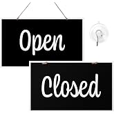 Open Closed Sign for Business, 10" x 6" | Double Sided Plastic Sign with Twine, Suction Cup Hook, Business Hours (Black/White)