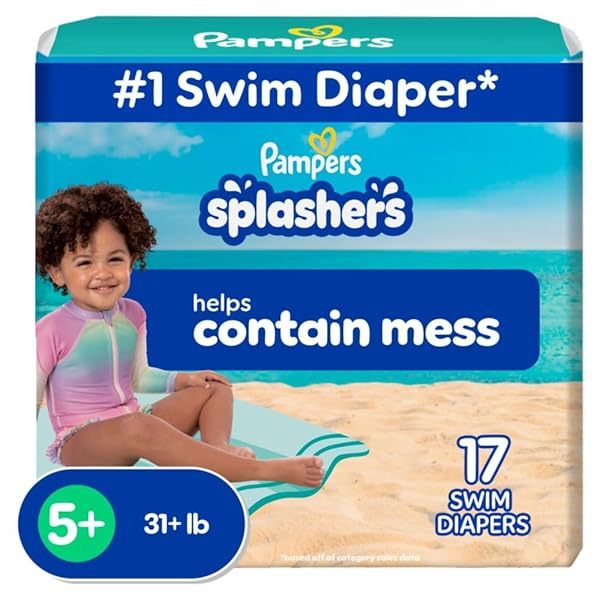 PAMPERS SWIM DIAPERS – SPLASHERS – SIZE 5+, 17 COUNT, GAP-FREE DISPOSABLE BABY SWIMMING PANTS