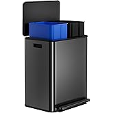 GAOMON Dual Trash Can, 2 x 8 Gal (2 x 30L) Stainless Steel Trash Can with Recycling Bin, Soft-Close Lid, Step-on Garbage Bin, Black - with Removable Plastic Inner Buckets