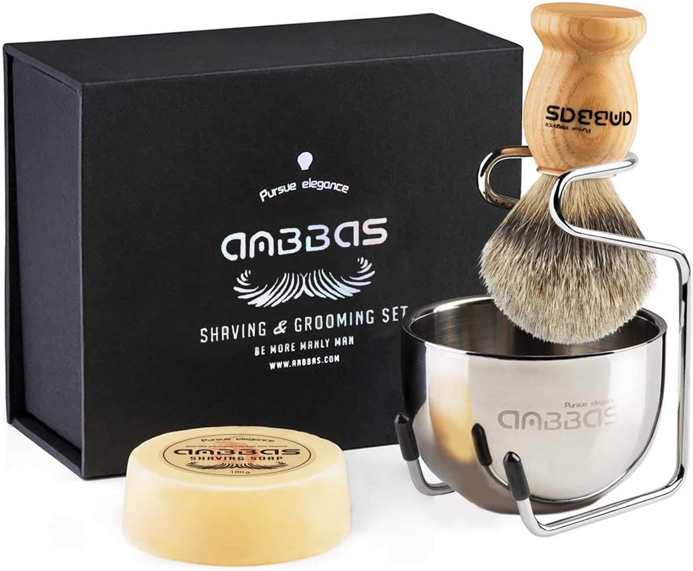 Anbbas Badger Hair Shaving Brush with Wood Handle,Goat Milk Shaving Soap 100g,Stainless Steel Shaving Stand and 2 Layers Shaving Bowl Perfect for Men Gift