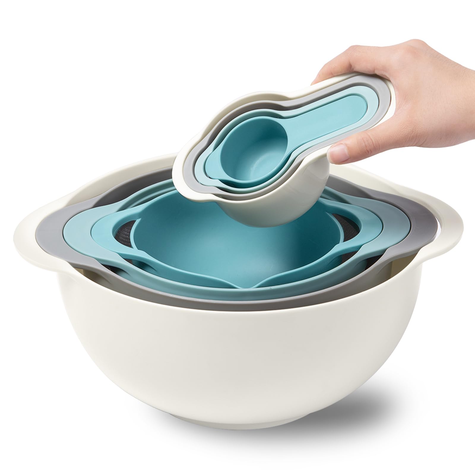 8 Piece Plastic Mixing Bowls Set, Nesting Bowls with Handle Includes 2 Mixing Bowls, 1 Colander, 1 Sifter, 4 Measuring Cups for Kitchen Cooking Baking, Space Saving RV Camping Accessories(Blue)