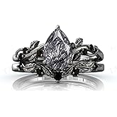 LELOUCHY Natural Pear Black Rutilated Quartz Engagement Ring Set 925 Sterling Silver Rings for Her with Free Engraving Jewelry Gift for Women Black Rutilated Quartz Vintage Ring Set Size
