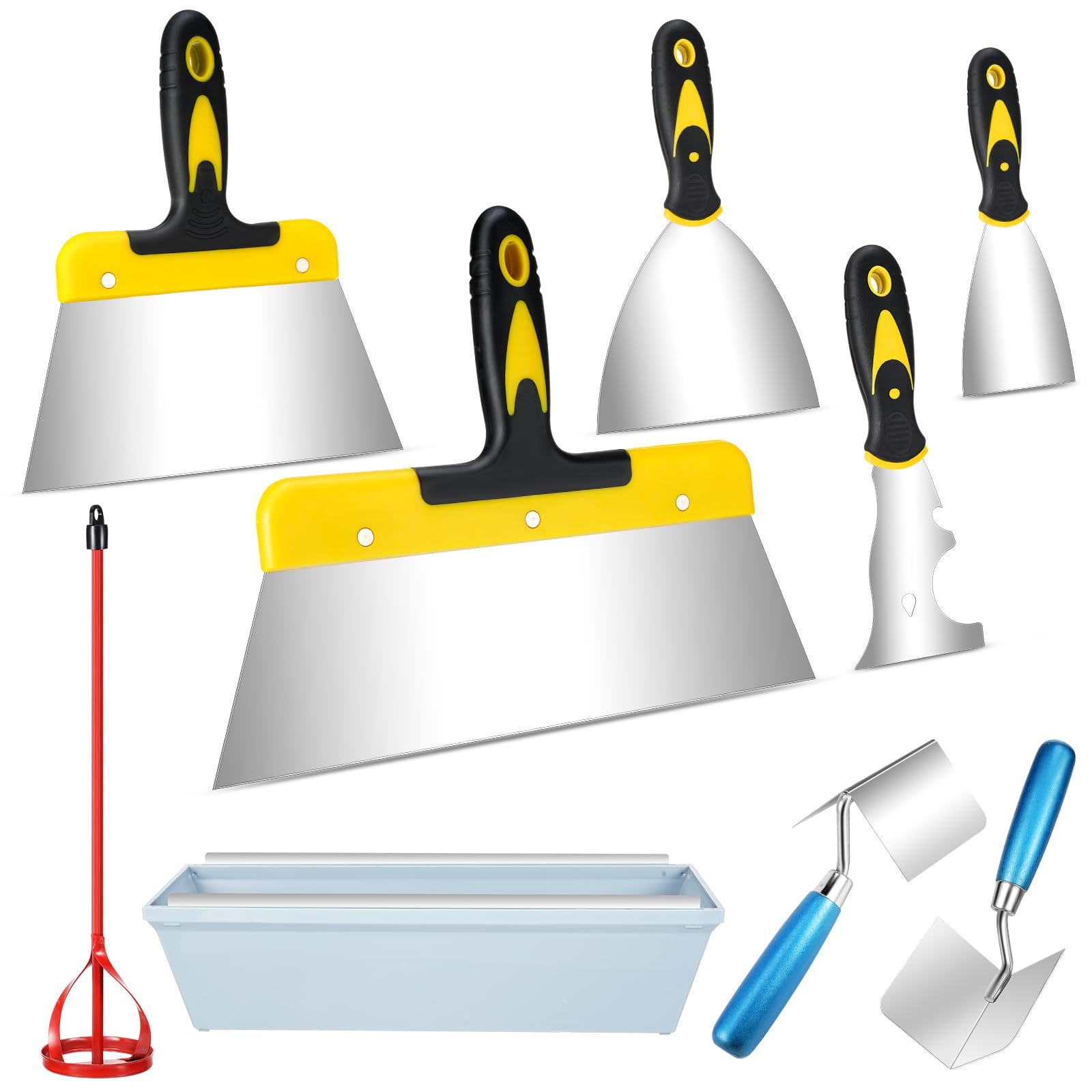 Photo 1 of Lasnten 9 Pcs Drywall Knife and Drywall Corner Tool Set Includes Paint Scraper Knives Inside Outside Stainless Steel Corner Trowel, 16" Mud Pan Mixer with Soft Grip Handle for Wallpaper