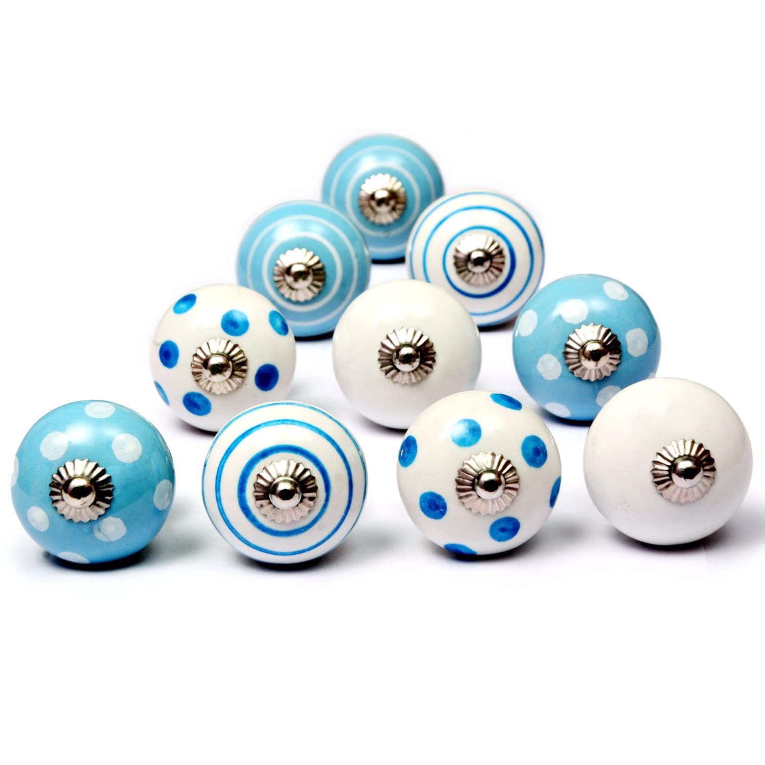 Nacnic Set of 8 Ceramic knobs in White and Light Blue, Hand Painted with Different Designs. Handcrafted Handles for cabinets, Drawers, Dressers and Hangers. Classic knobs of 40mm Diameter