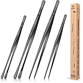 BUNDLEPRO Stainless Steel Food Tweezer Set (12-inch, 10-inch), Black - Professional Kitchen Tongs for Cooking, BBQ, Repairing