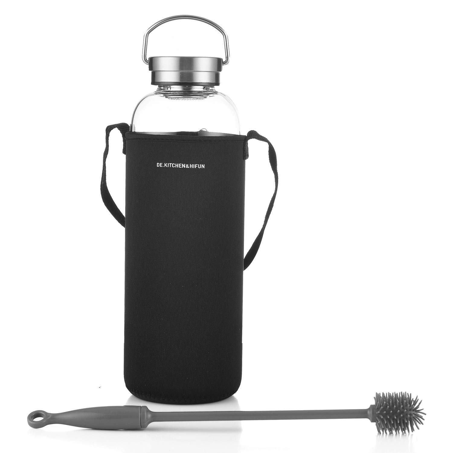 DE.KITCHEN&HIFUN Glasss Water Bottle 2l, Large Borosilicate Glass 2L for Juice, Bottle Glass with Steel Cap Filter