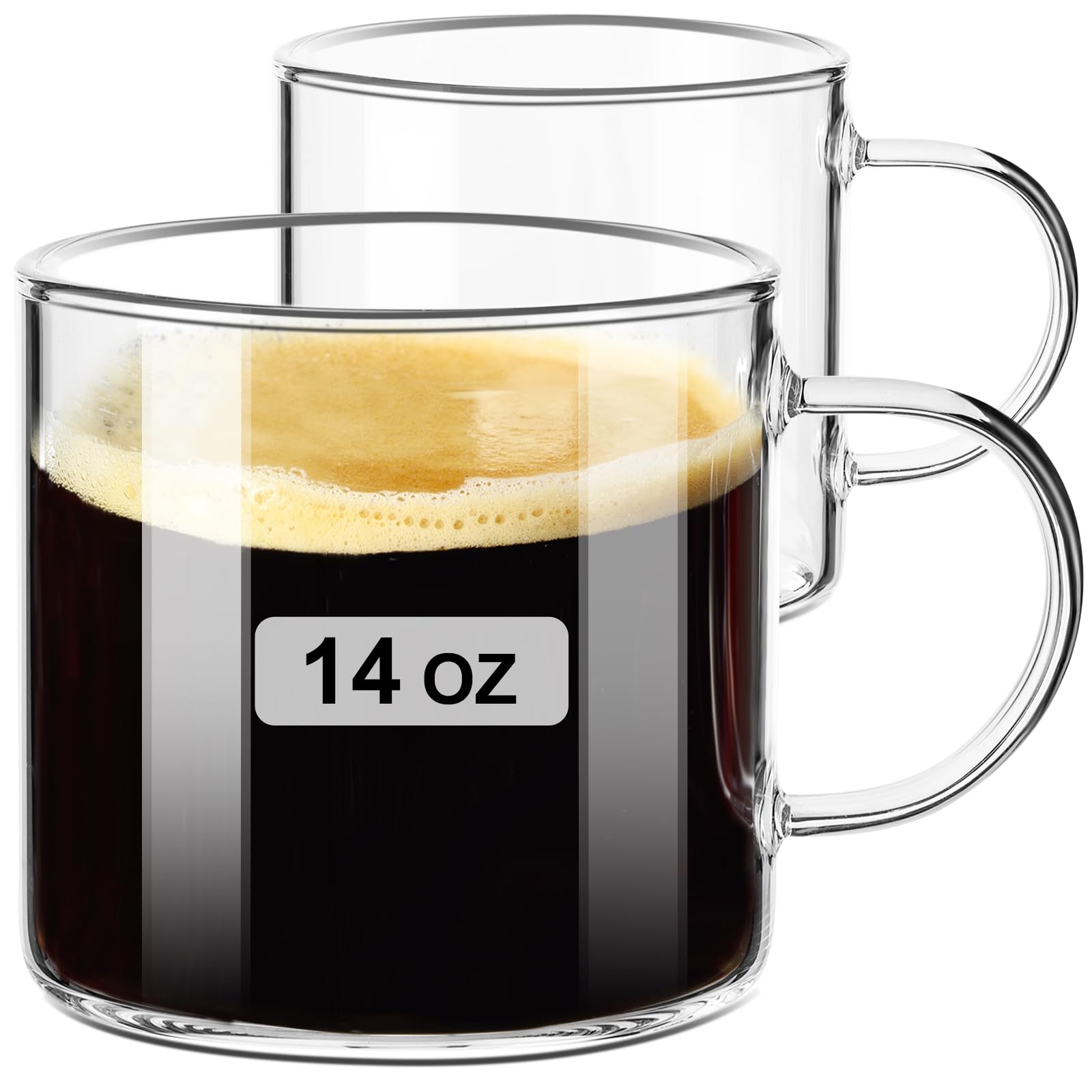 PARACITY Clear Glass Mugs Set of 2, 420ml Large Glass Coffee/Tea Cups with Handle, Hot/Cold Drink, Latte, Cappuccino, Tea, Juice, Beer