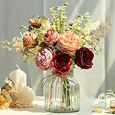 LESING Fake Artificial Flowers with Vase Faux Silk Flower Bouquet in Glass Vase Rose Floral Arrangements Flower for Home Office Decoration, Dining Table Centerpiece (Red)