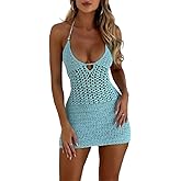 Women's Crochet Knit Halter Mini Dress Sexy Sleeveless Backless Lace Up Bodycon Mini Dress Summer Beach Dress