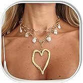 Chunky Gold Heart Necklace for Women Unique Big Hollow Heart Necklace Baroque Pearl Charm Choker Necklace