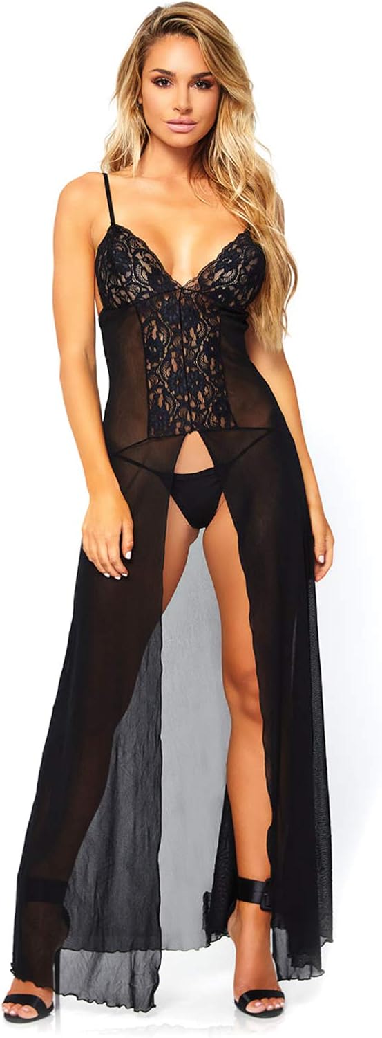 Leg Avenue Women's 2 PC. Mesh and lace high Slit Long Gown and g-String Panty, Black, O/S: Clothing