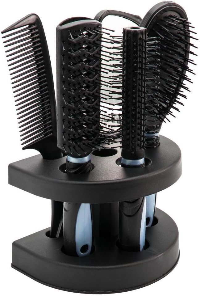 Hootecheu 5pcs Hair Comb Set Women Ladies Hair Care Velvet Touch Paddle Hair Brush,Comb,Mirror And Holder Stand Set- Hair Care Massage Brush-No More Tangle -Adults & Kids