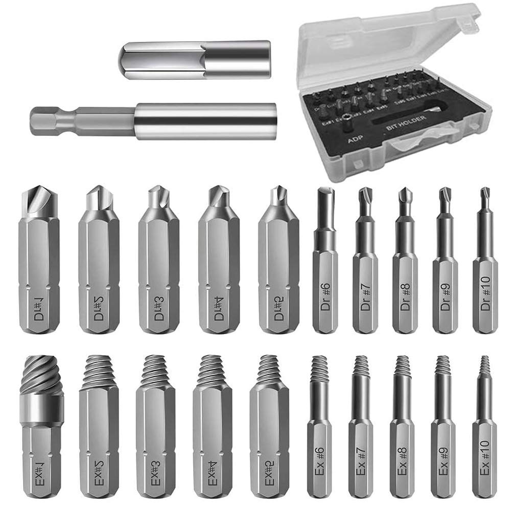 Damaged Screw Extractor Kit, 22 Pieces Broken Bolt Stripped Extractor, HSS Magnetic Extension Bit Bolt Remover Set with 10 Sizes Drills and Extractor for Broken Screw, Bolt Stripped Remover