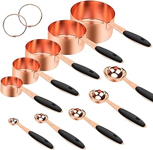 10 Piece Measuring Spoons and Cups, Stainless Steel Measuring Cups and Spoons Set with Engraved Marking Ruler for Measuring Dry and Liquid Ingredients Baking Cooking, Mixing, Food Process