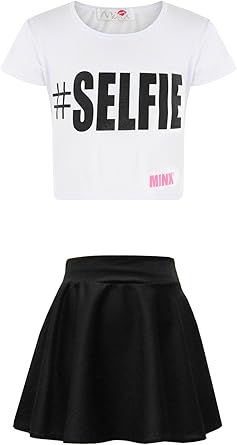 black and white crop top and skirt set