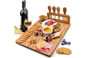 Hossejoy Bamboo Cheese Board Set, Charcuterie Platter and Serving Meat Board Including 4 Stainless Steel Knife and Serving Ut