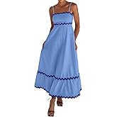 dowerme Women Summer Dresses 2026 Spaghetti Straps Sleeveless Smocked Rickrack Trim Boho Flowy Loose A-Line Midi Dress