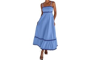 dowerme Women Summer Dresses 2024 Spaghetti Straps Sleeveless Smocked Rickrack Trim Boho Flowy Loose A-Line Midi Dress