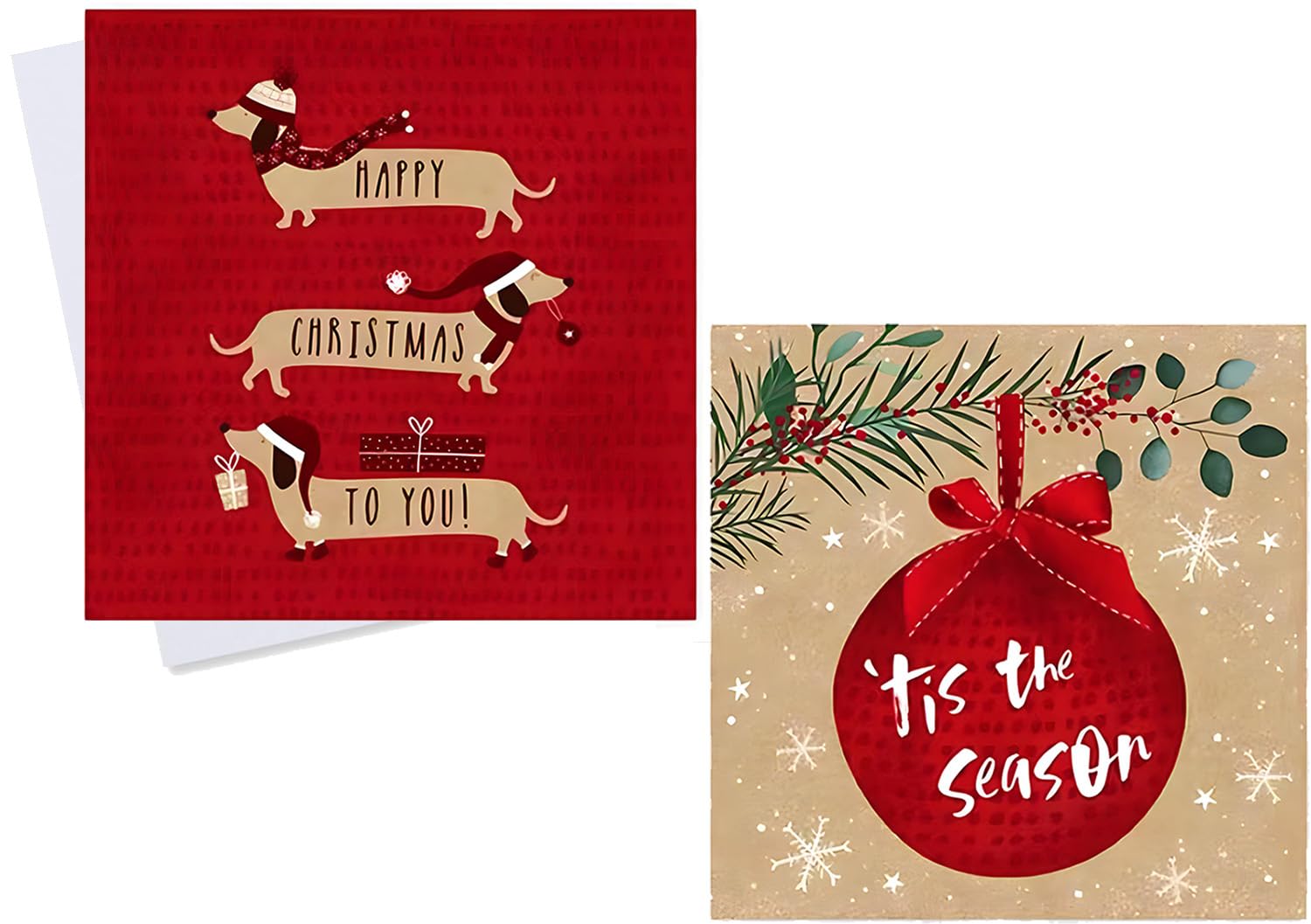 Multipack 60 Cards in 2 Traditional Designs & Envelopes Elegant Design Daschund 'Tis the Season Christmas Cards Assorted Festive Theme