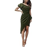 BTFBM Women 2026 Summer Fashion Elegant One Shoulder Cocktail Dress Ruffle Sleeve Wrap Ruched Bodycon Short Party Dresses