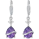 FYBIOD 2CT Natural Amethyst Teardrop Dangle Drop Earrings S925 Sterling Silver Purple Amethyst Leverback Earring Birthstone Jewelry Gift for Women