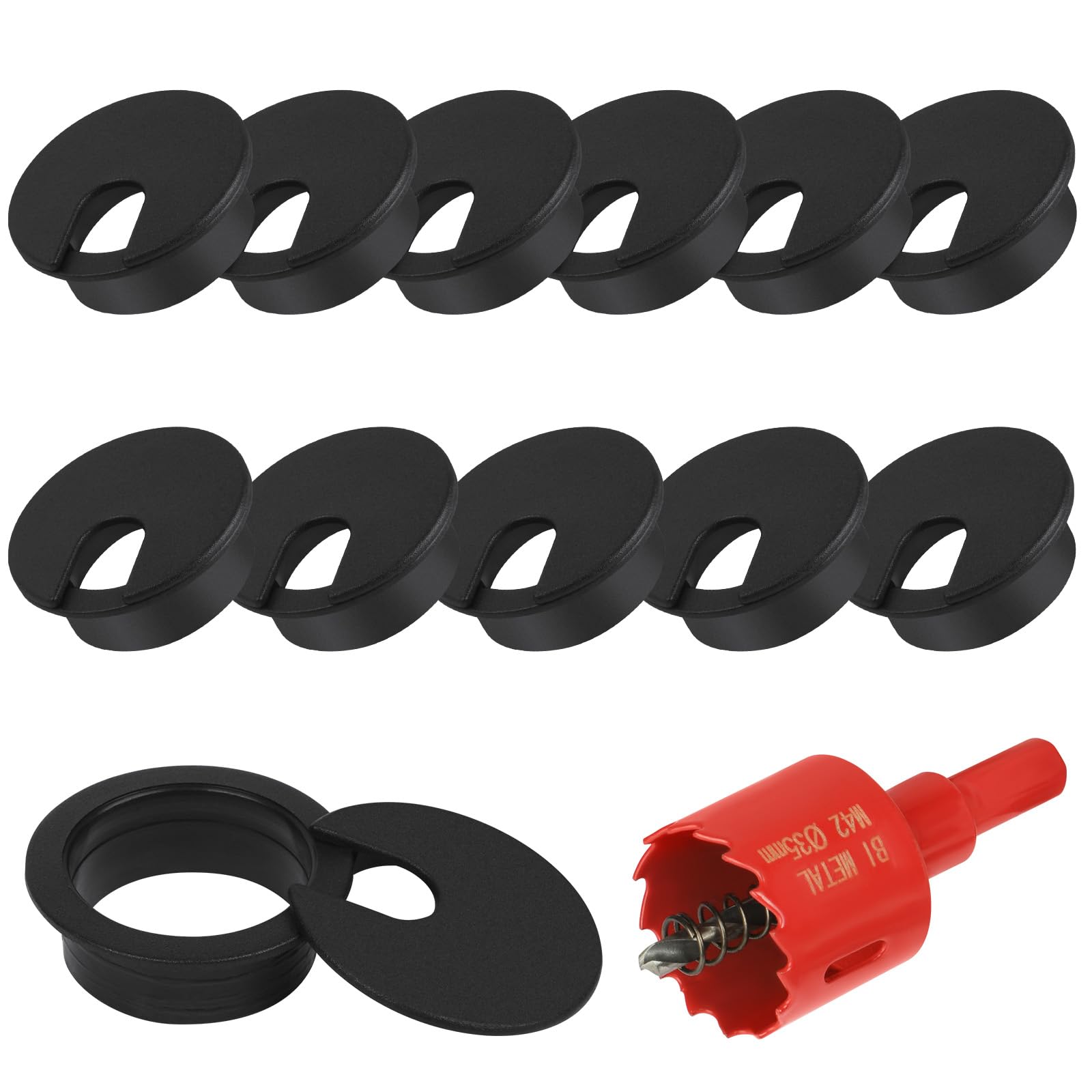 Flintronic 12PCS Desk Grommet with Hole Saw, Ø35mm(1.4 inch) Desk Cable Grommets, Round Desk Cable Hole Cover, Computer Cord Cable Wire Grommet for Home and Office Table Management (Black)