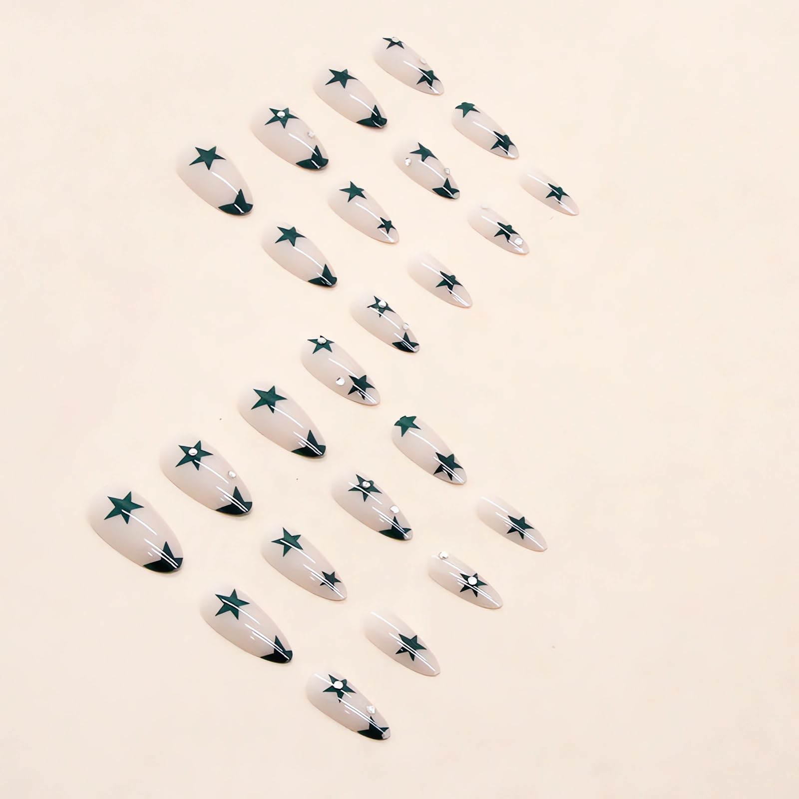 IMSOHOT Medium Press on Nails Almond Shape Nude Fake Nails Green Star Acrylic False Nails Rhinestone Full Cover Stiletto Artificial Nails for Women Girls 24pcs - Image 2