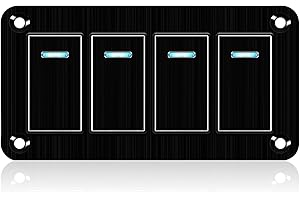 XHTECHNOLOGY Rocker Switch Panel – 4 Gang Aluminum Toggle Switch Panel, 12V/24V Switch Panel, 3 Pin On-Off Car Switches, Blue LED Switch Panel for Automotive Car Truck Motorcycle Jeeps RV UTV