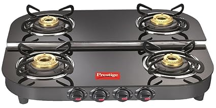 Prestige Plus DGT 04 Glass Top Gas Stove, 4 Burners, Black