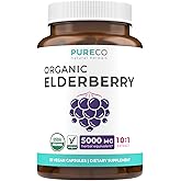Organic Elderberry Capsules - 10:1 Extract Equals 5,000mg of Fresh Elderberries (Vegan) for Immune Support, Allergy, Sinus Relief - Sambucus Nigra - Black Elderberry - 30 Caps (No Pills or Gummies)